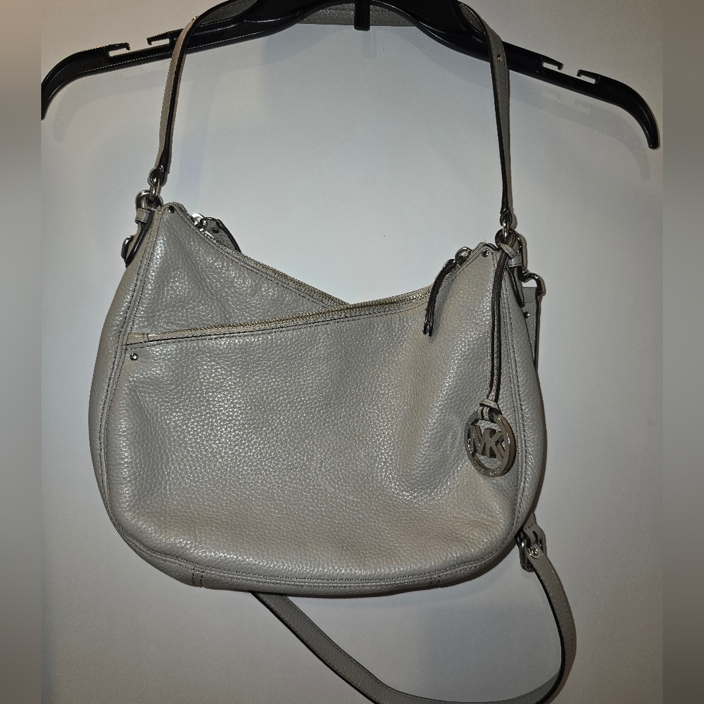 Michael Kors Pebbled Leather Shoulder Hobo in Light Gray
